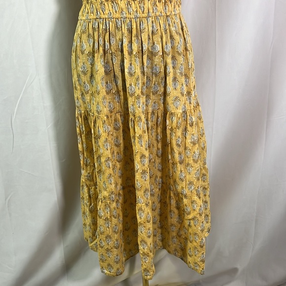 Maijin Yellow Metallic Gold Floral Print Sleeveless Smocked Waist Midi Dress - Picture 8 of 16